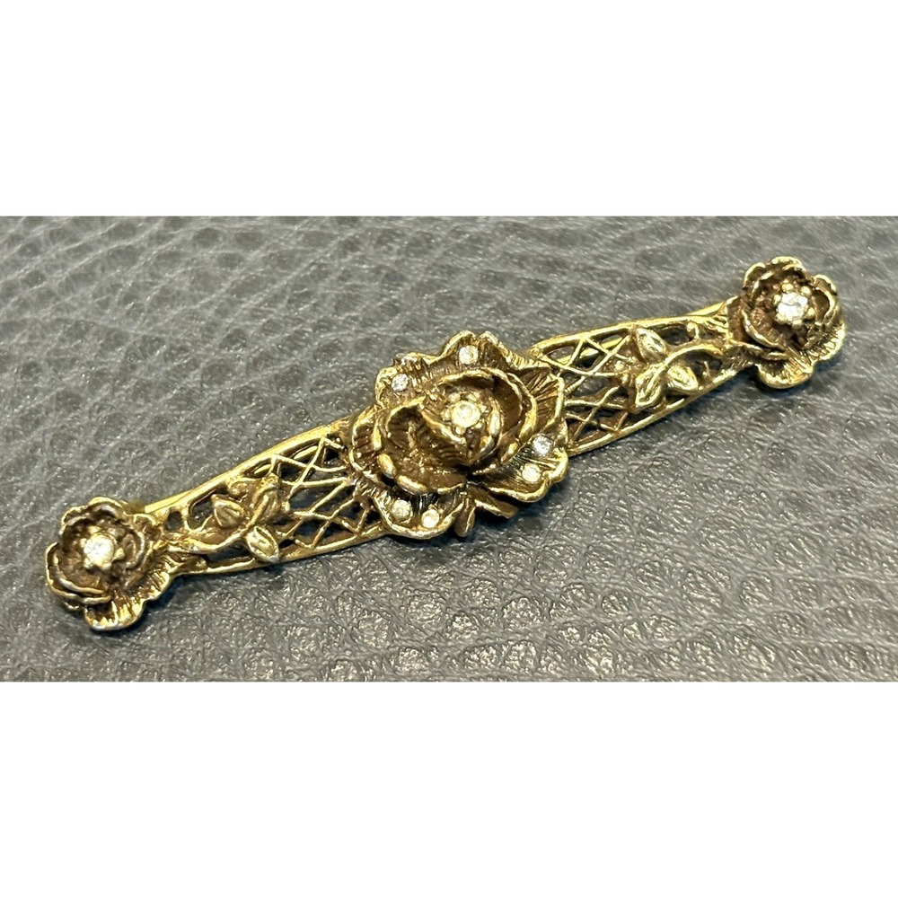 Vintage Goldette Rose Flower Bar Brooch Crystal Accents Gold Tone Filigree